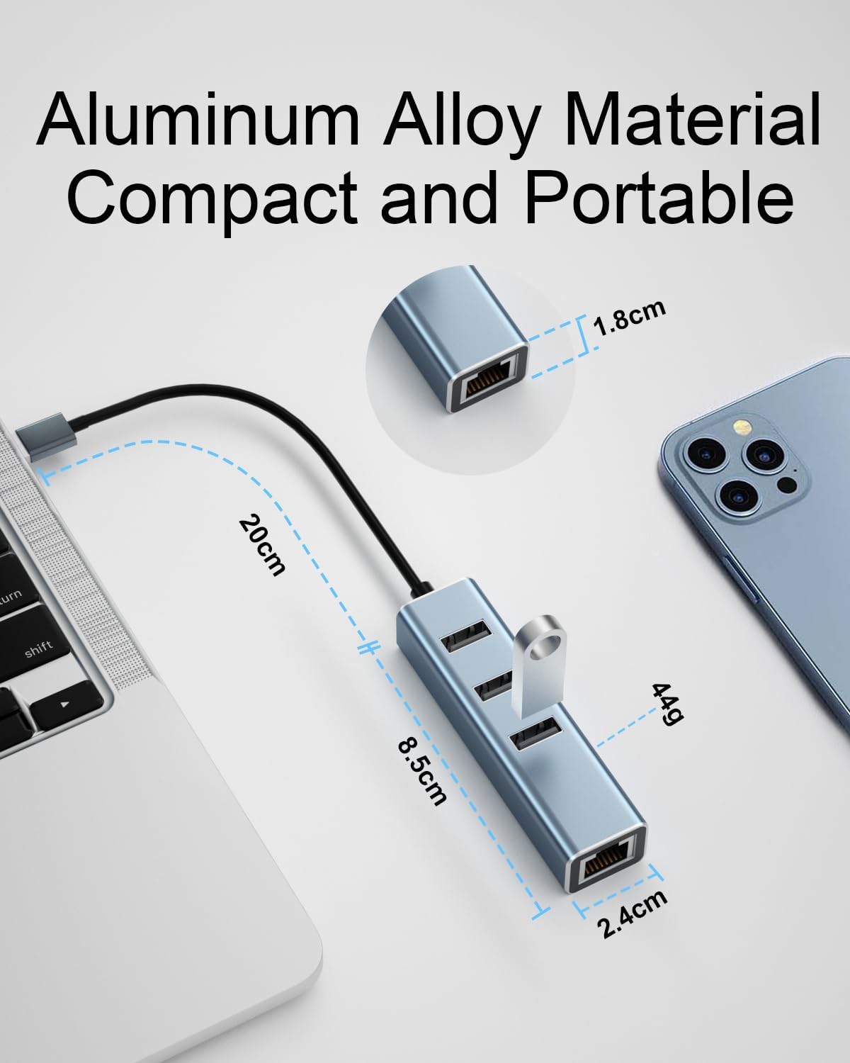 USB Hub / 4-in-1 Multiport USB Adapter ¨C Aluminum Hub with 1 RJ45 LAN Port and 3 USB 2.0 Data Ports (Gray - USB-A)