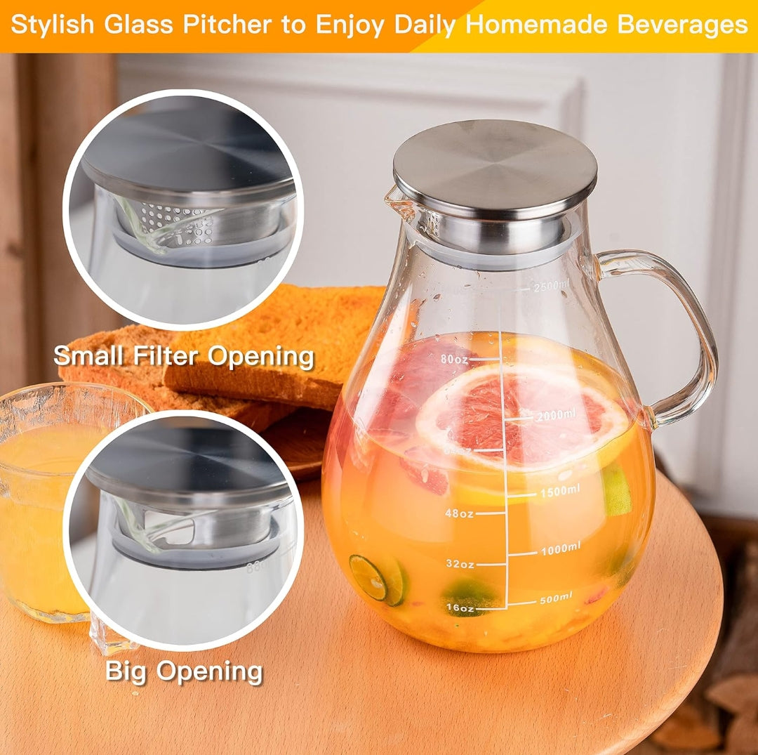Glass Pitcher with Lid, 88 oz (84.5 fl oz) with Precise Scale Markings ¨C Hot/Cold Water Pitcher, Juice and Iced Tea Pitcher with Lid
