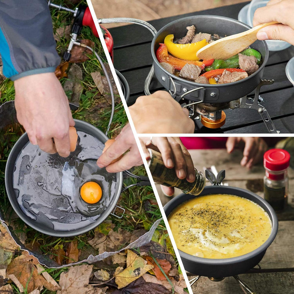 Grydesæt i aluminium til udendørs camping – sammenfoldelig tekedel og pandesæt, letvægtsgryder og pander med netpose til backpacking, vandreture og picnics