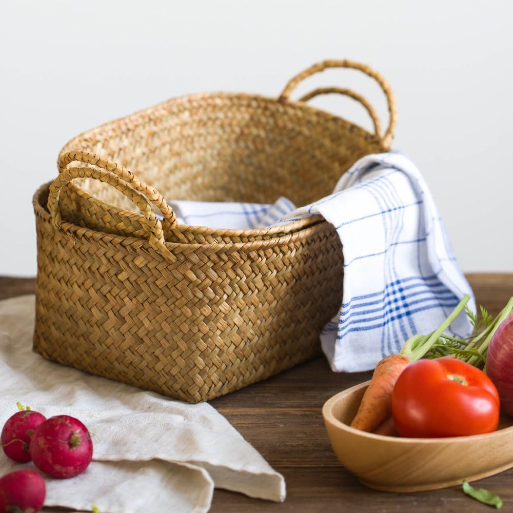 Woven Seagrass Storage Baskets ¨C Natural Oval Baskets with Handles, Stackable Organizer Set of 3