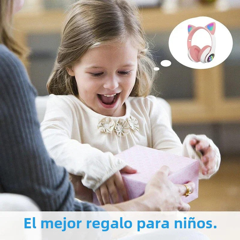 Casque Bluetooth 5.0 à oreilles de chat avec lumière flash, prise en charge de la carte TF et micro intégré, cadeau d'anniversaire pour enfants filles