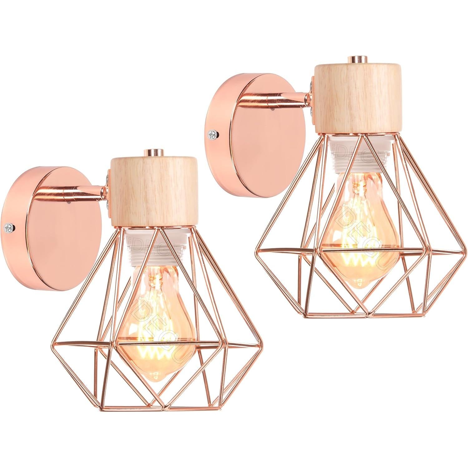 2PC Vintage Wall Lamps ¨C 15cm Indoor Sconce ¨C Wood & Metal Industrial Design ¨C Cage Style ¨C Adjustable Retro Light