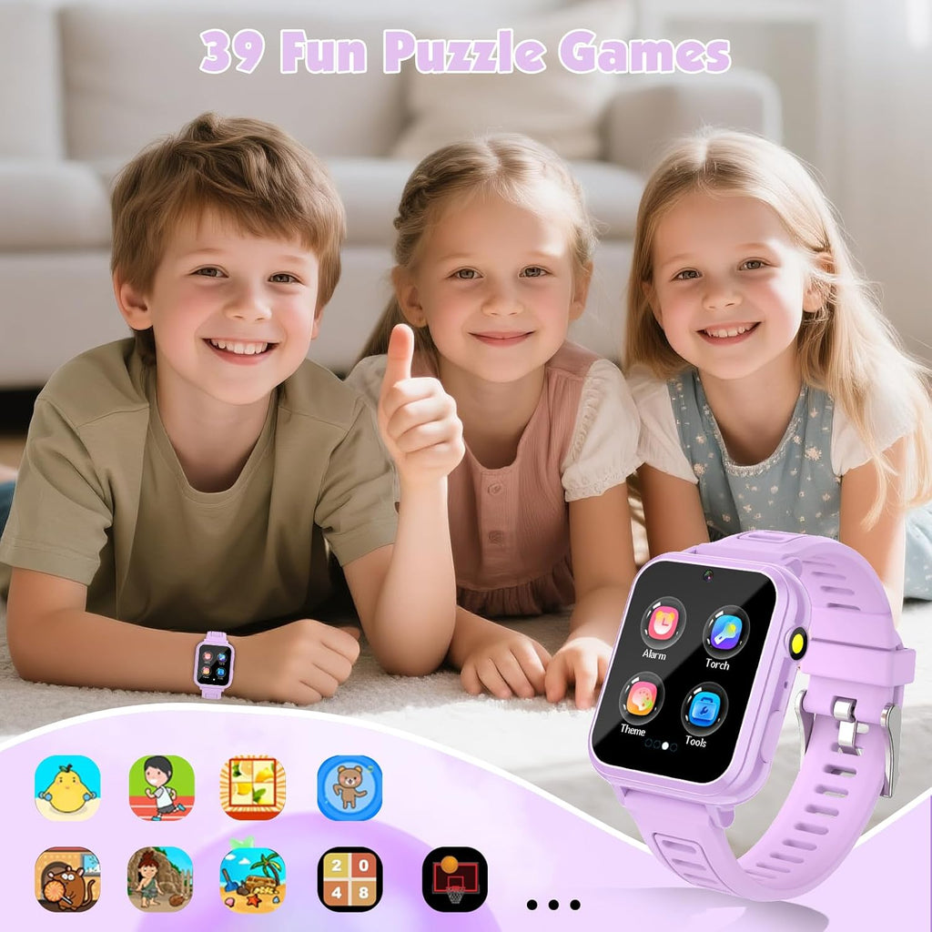 Montre Intelligente pour Enfants avec 39 Jeux Éducatifs, Caméra HD, Suivi des Habitudes, Musique, Alarme, Calculatrice, Calendrier, Lampe de Poche – Pour les 3-12 Ans (Sans Fonction d'Appel)