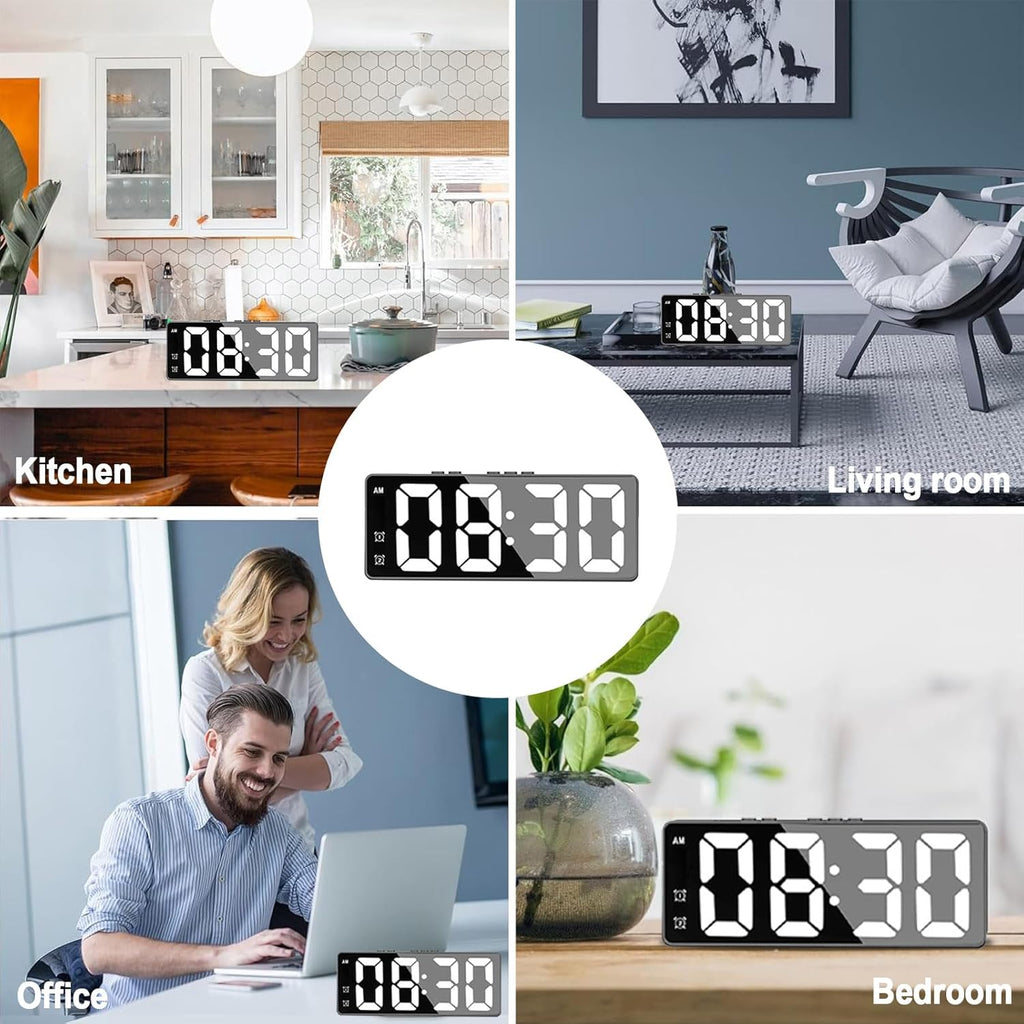 Digital Vækkeur til Natbord – Elektronisk Ur med Stor LED-Skærm/Spejl, Temperatur, Dato, Justerbar Lysstyrke og Stemmestyring.