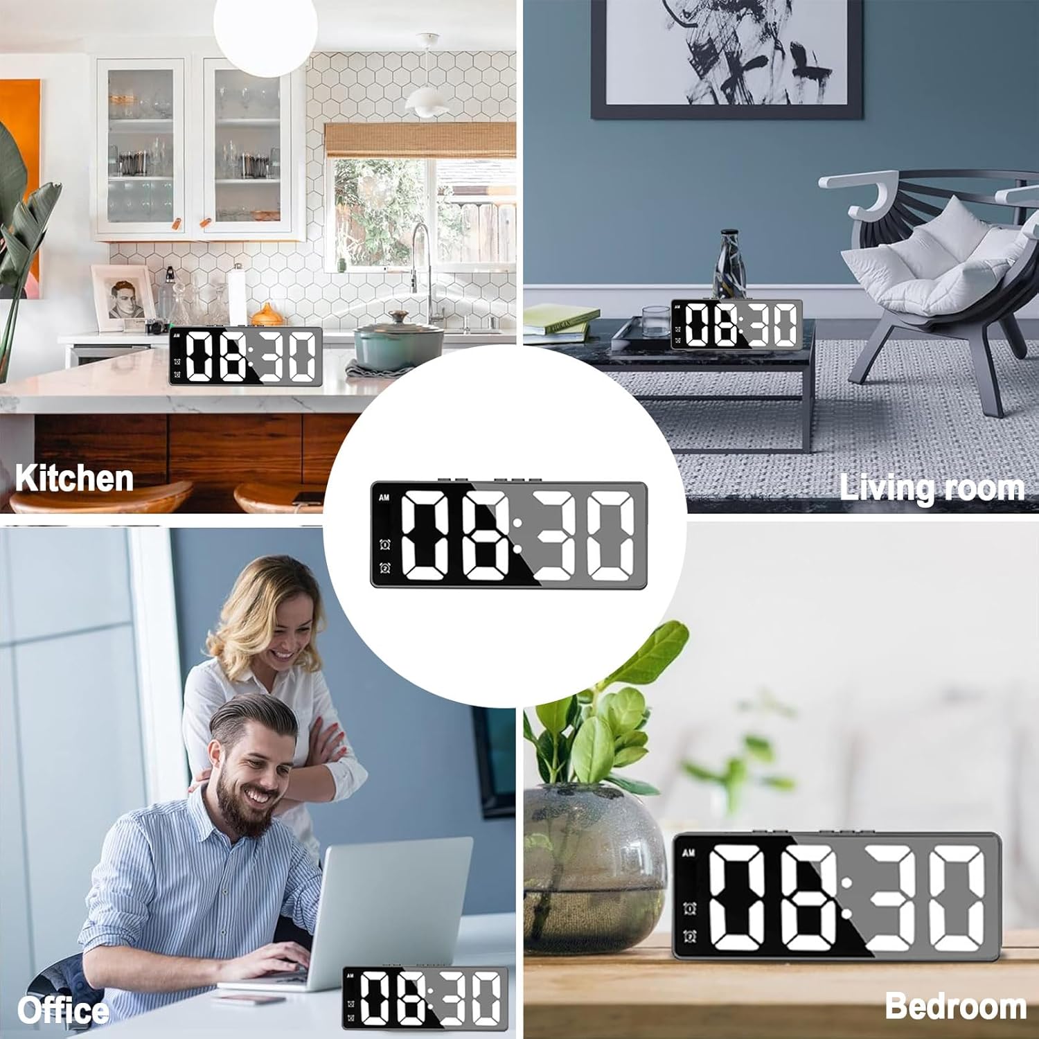 Digital Vækkeur til Natbord – Elektronisk Ur med Stor LED-Skærm/Spejl, Temperatur, Dato, Justerbar Lysstyrke og Stemmestyring.