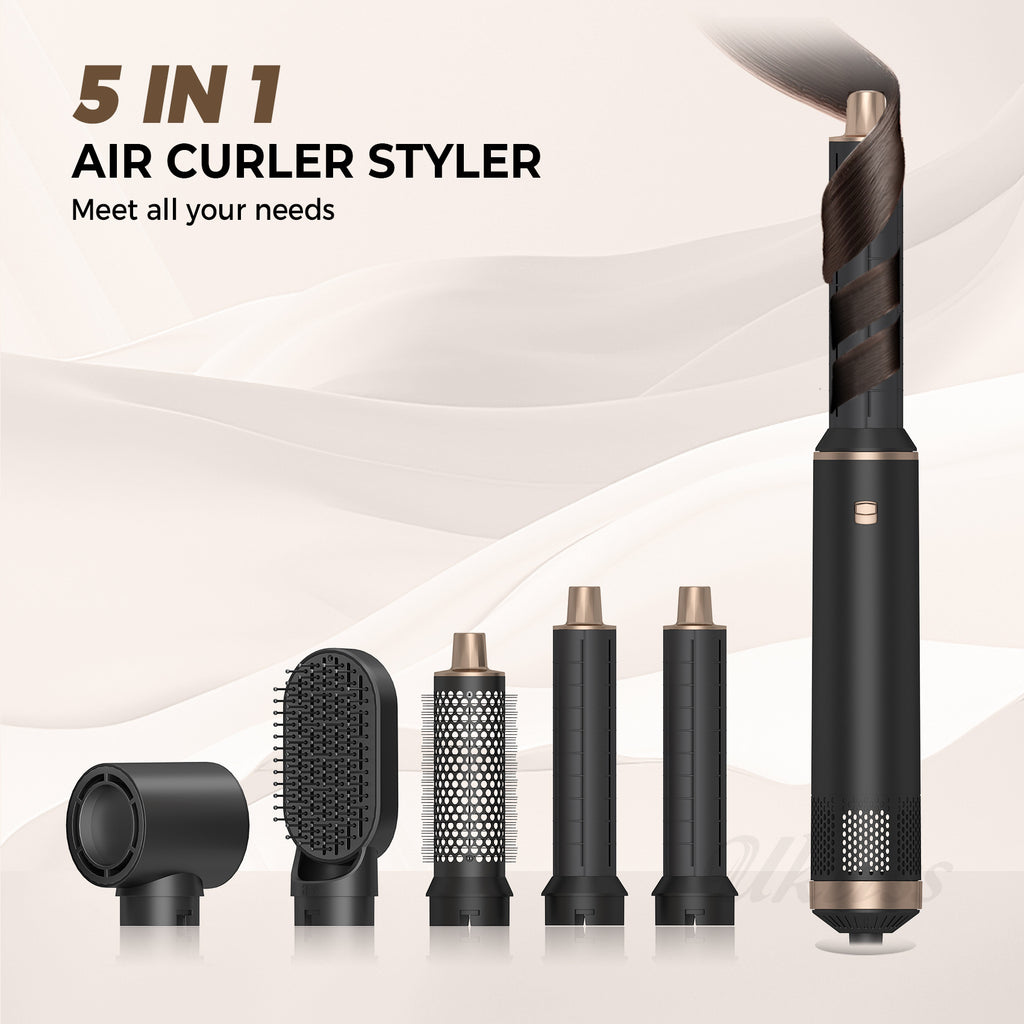 5-i-1 hårtørrer børste, hårtørringsbørste, Air Curler, Air Curling Wrap Styler, aftagelig varmluftbørste, negativ ion tørrebørste, 1000 Watt effekt
