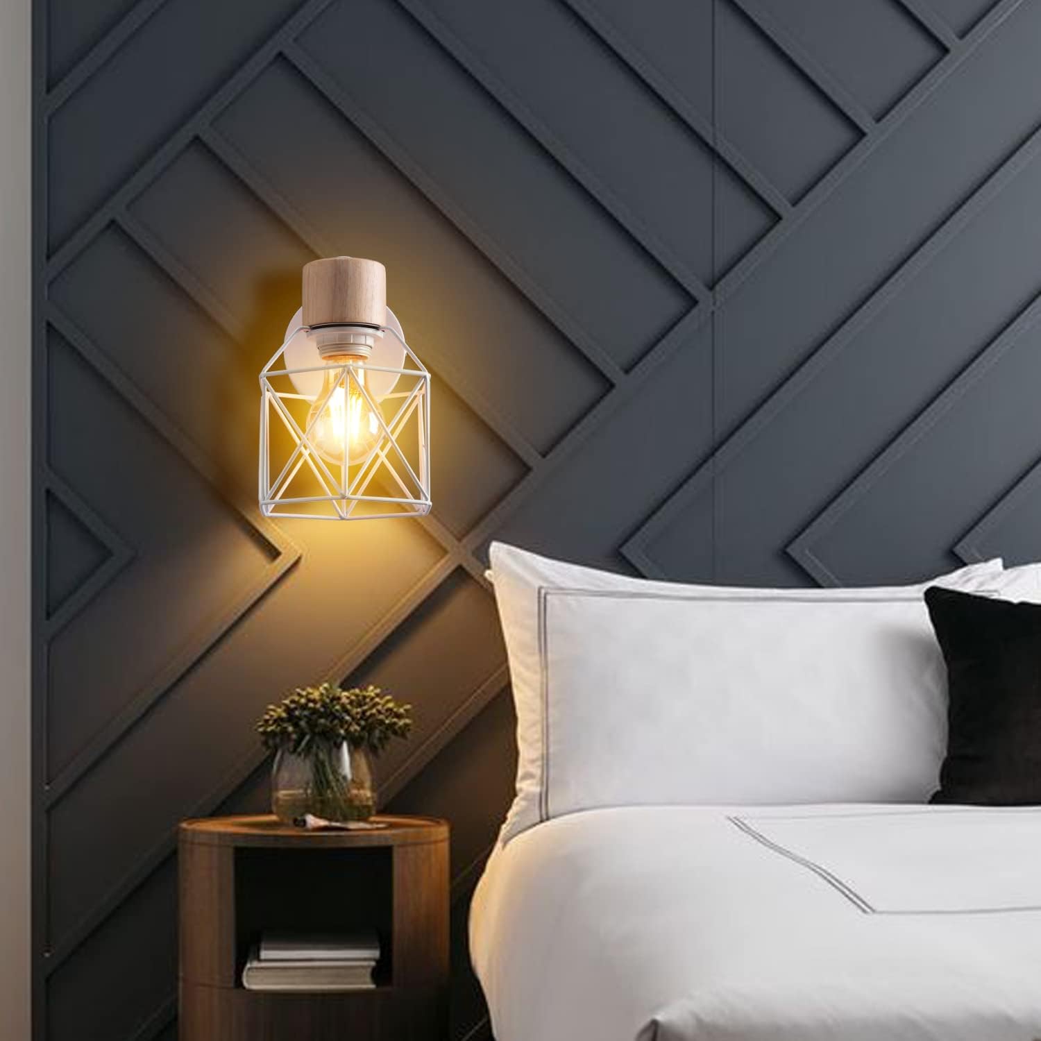 2PC Vintage Wall Lamps ¨C 15cm Indoor Sconce ¨C Wood & Metal Industrial Design ¨C Cage Style ¨C Adjustable Retro Light