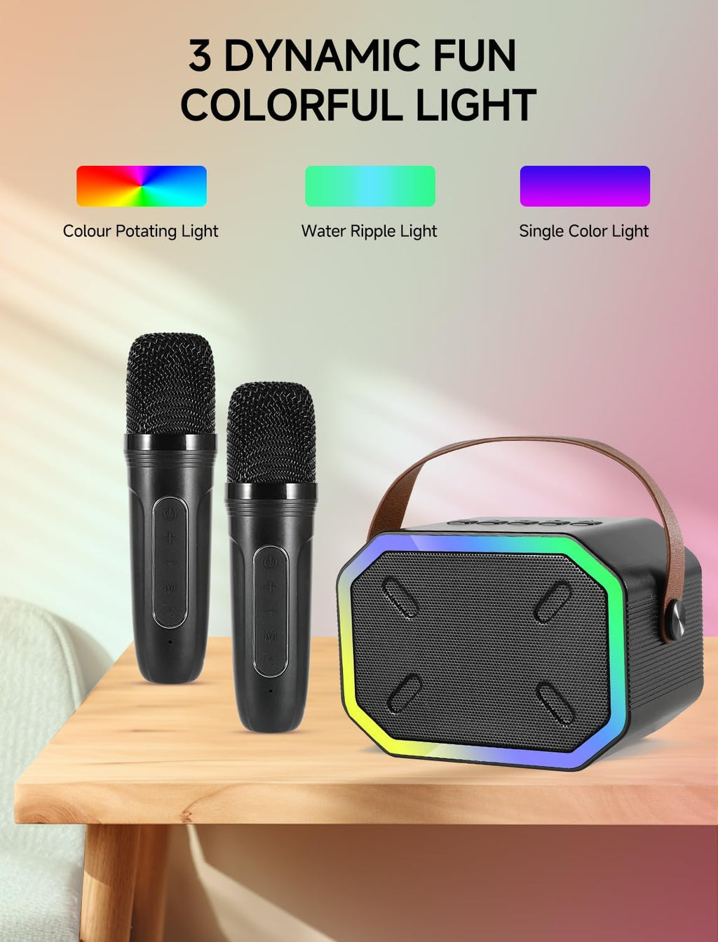 Karaoke-maskine til børn og voksne, bærbar mini Bluetooth-højttaler med 2 trådløse mikrofoner og LED-lys til TV