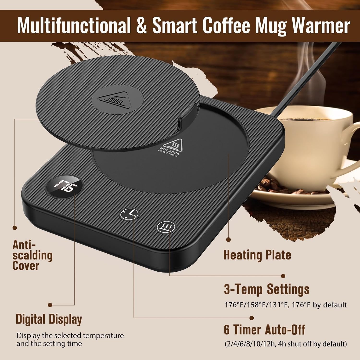 Cup Warmer, Coffee Cup Warmer with 4 Temperature Settings, Coffee Warmer with Auto Shut-Off, Waterproof Anti-Scald Desktop Cup Warmer, Coffee Cup Warmer with Status Display