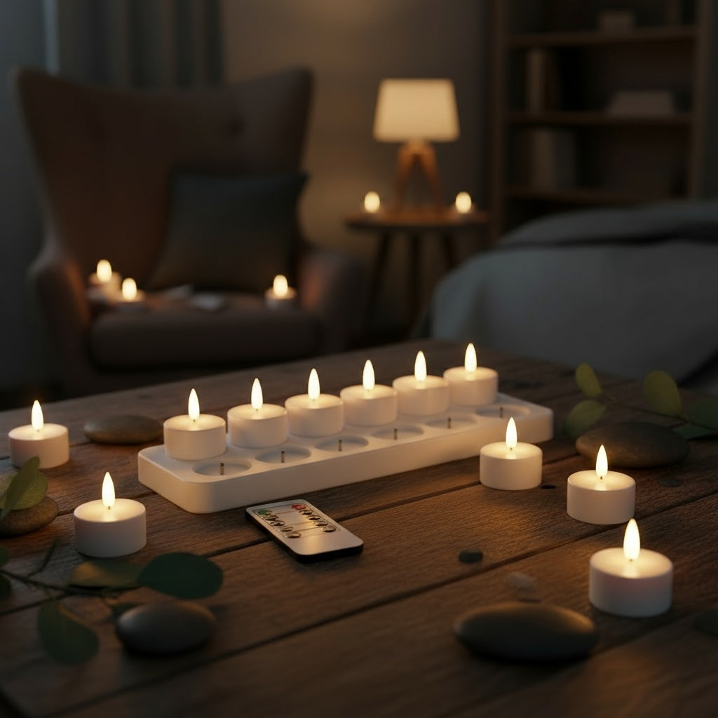 Pakke med 12 genopladelige LED-lys med fjernbetjening og timer – flammeløse, flimrende stearinlys til Halloween, jul og fester – hvid