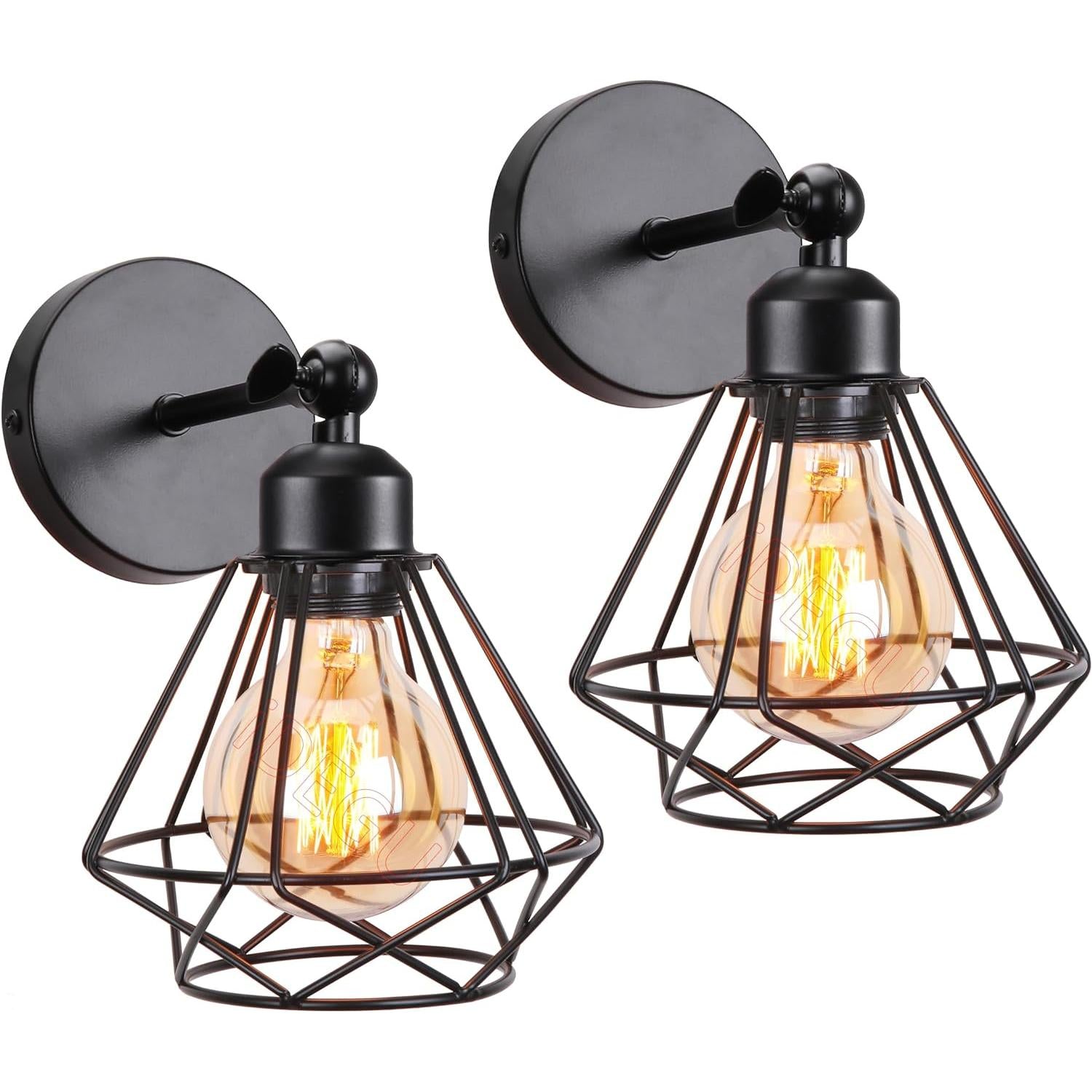 2PC Vintage Wall Lamps ¨C 15cm Indoor Sconce ¨C Wood & Metal Industrial Design ¨C Cage Style ¨C Adjustable Retro Light