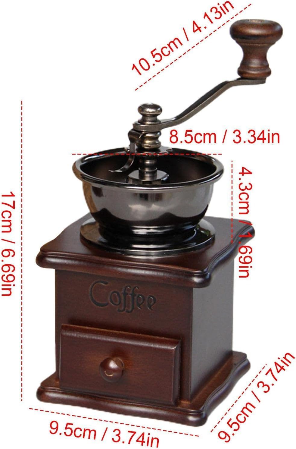Manual Coffee Grinder, Coffee Bean Grinder, Retro Style, Cast Iron, Wooden Crank, 17.5x10.5x10.5 cm
