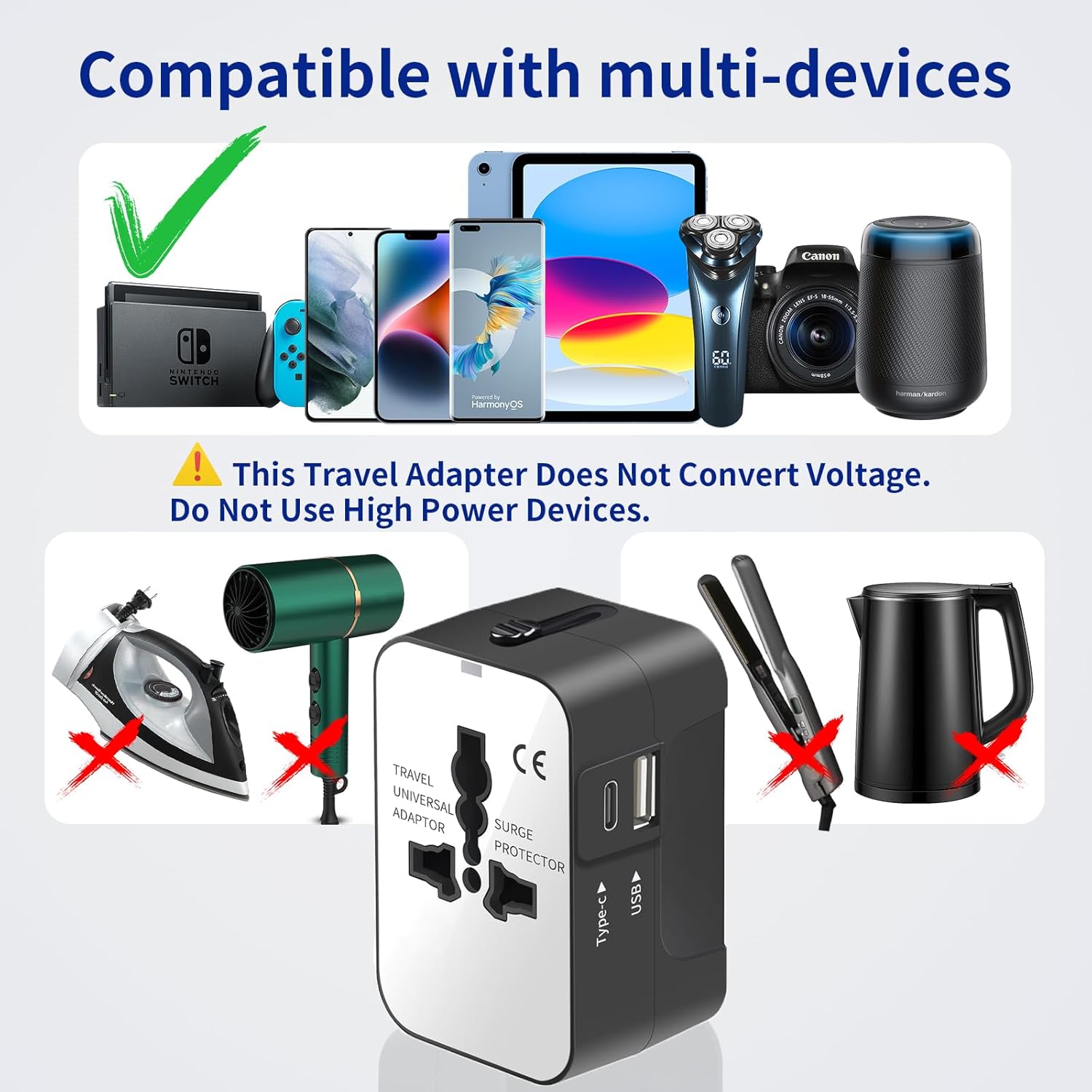 Rejseadapter, Alt-i-Én Universaladapter til Verdensomspændende Brug, AC-vægstik, Vægoplader med To USB-porte (1 USB-C) til USA, EU, Storbritannien, Australien – Kompatibel med Mobiltelefoner og Laptops.