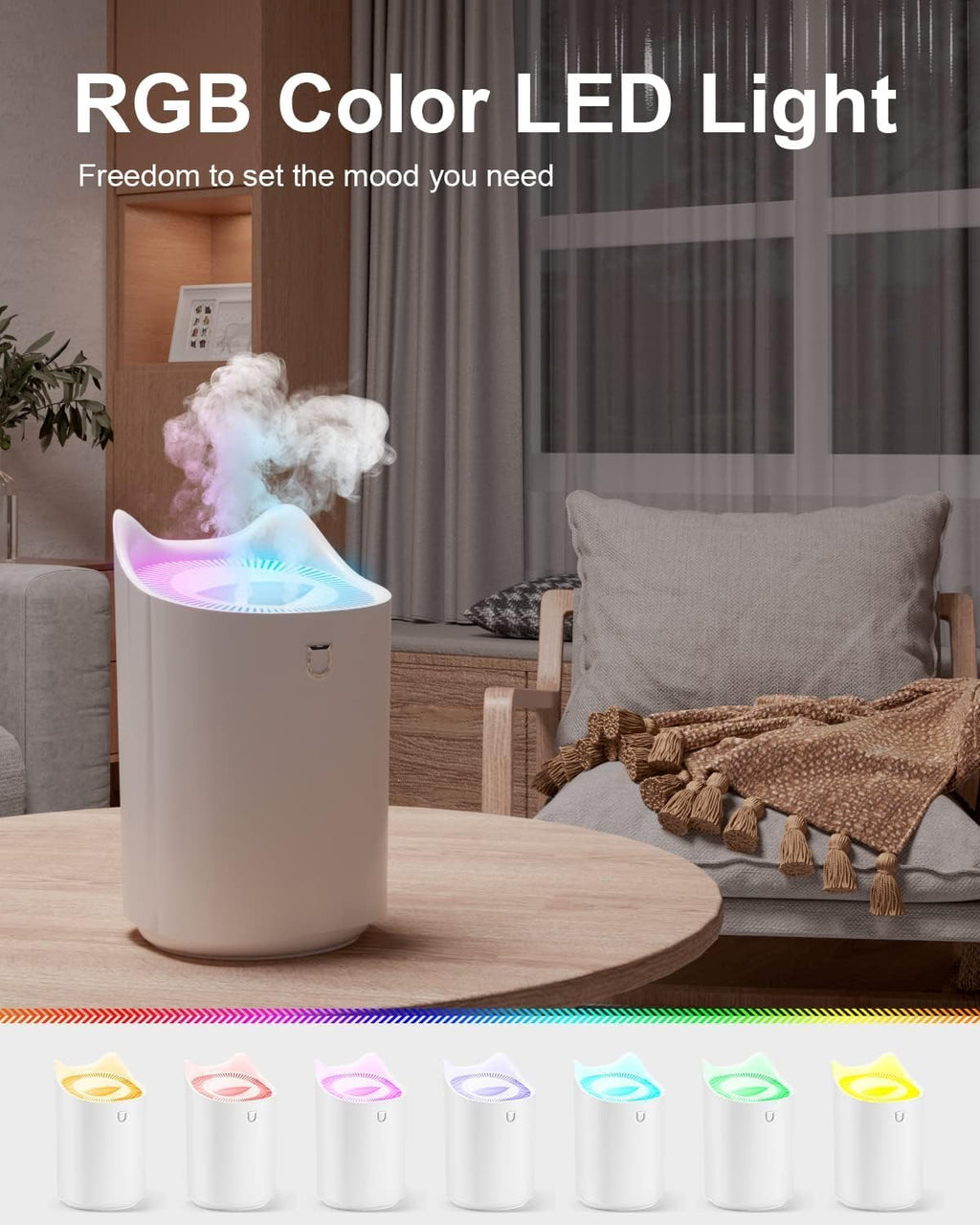 3L bedroom humidifier (up to 20 hours runtime), with color-changing night light for home and office, 3 mist modes, 2 nozzles