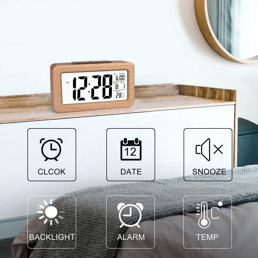 Wooden digital alarm clock, easy to set, with temperature display, backlight, and snooze function