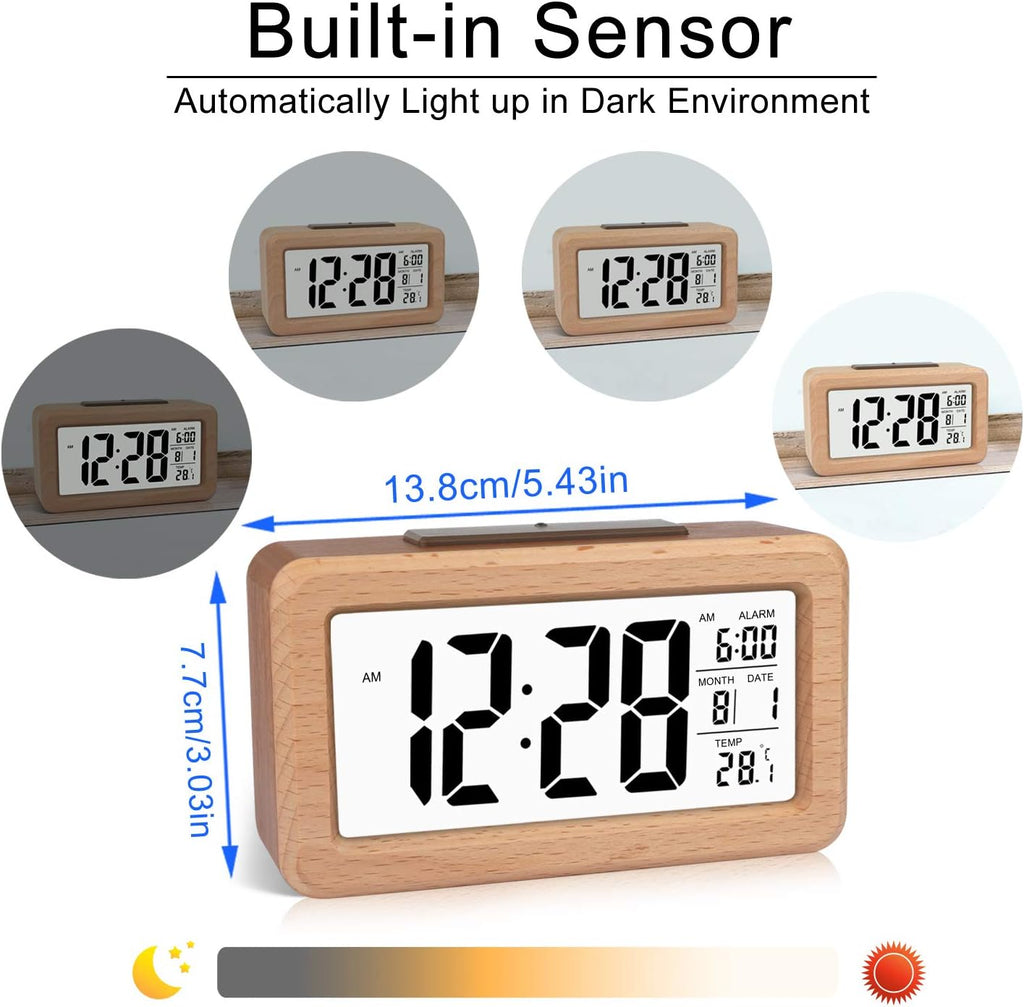 Wooden digital alarm clock, easy to set, with temperature display, backlight, and snooze function