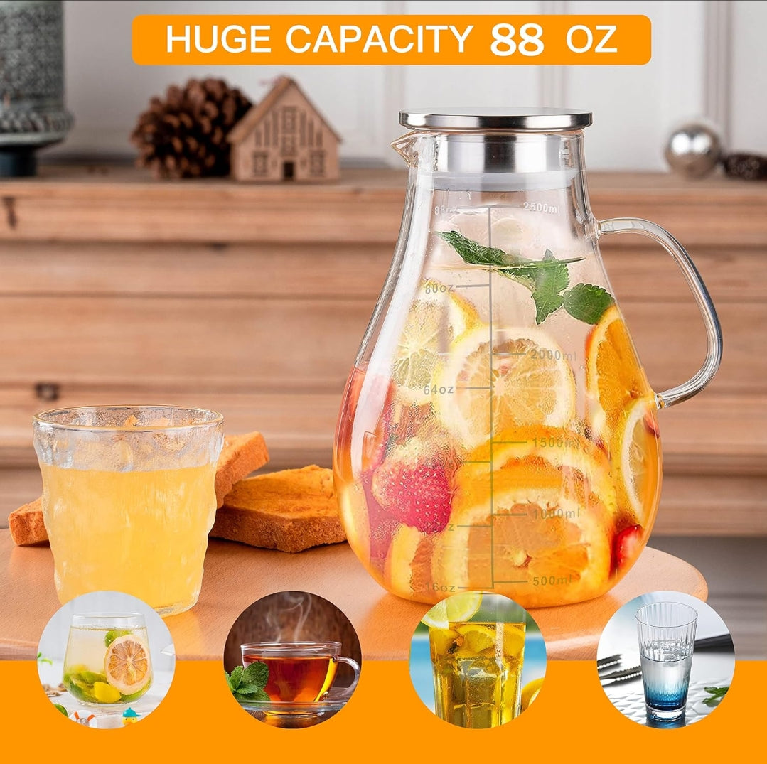 Glass Pitcher with Lid, 88 oz (84.5 fl oz) with Precise Scale Markings ¨C Hot/Cold Water Pitcher, Juice and Iced Tea Pitcher with Lid