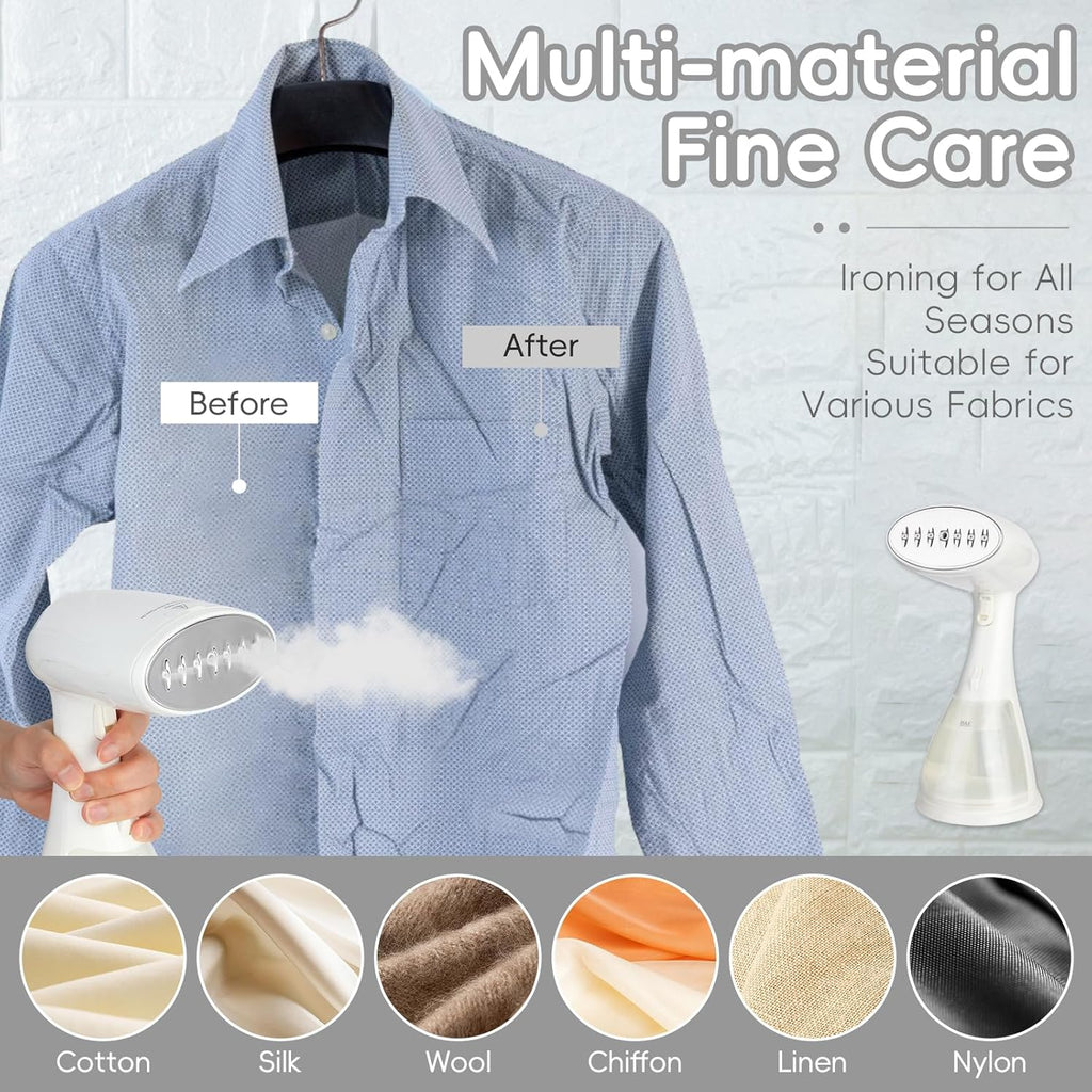 1500W Portable Garment Steamer, Heats Up Fast in 15s, 300ml Removable Tank, Compact and Portable for Travel, Home and Office.