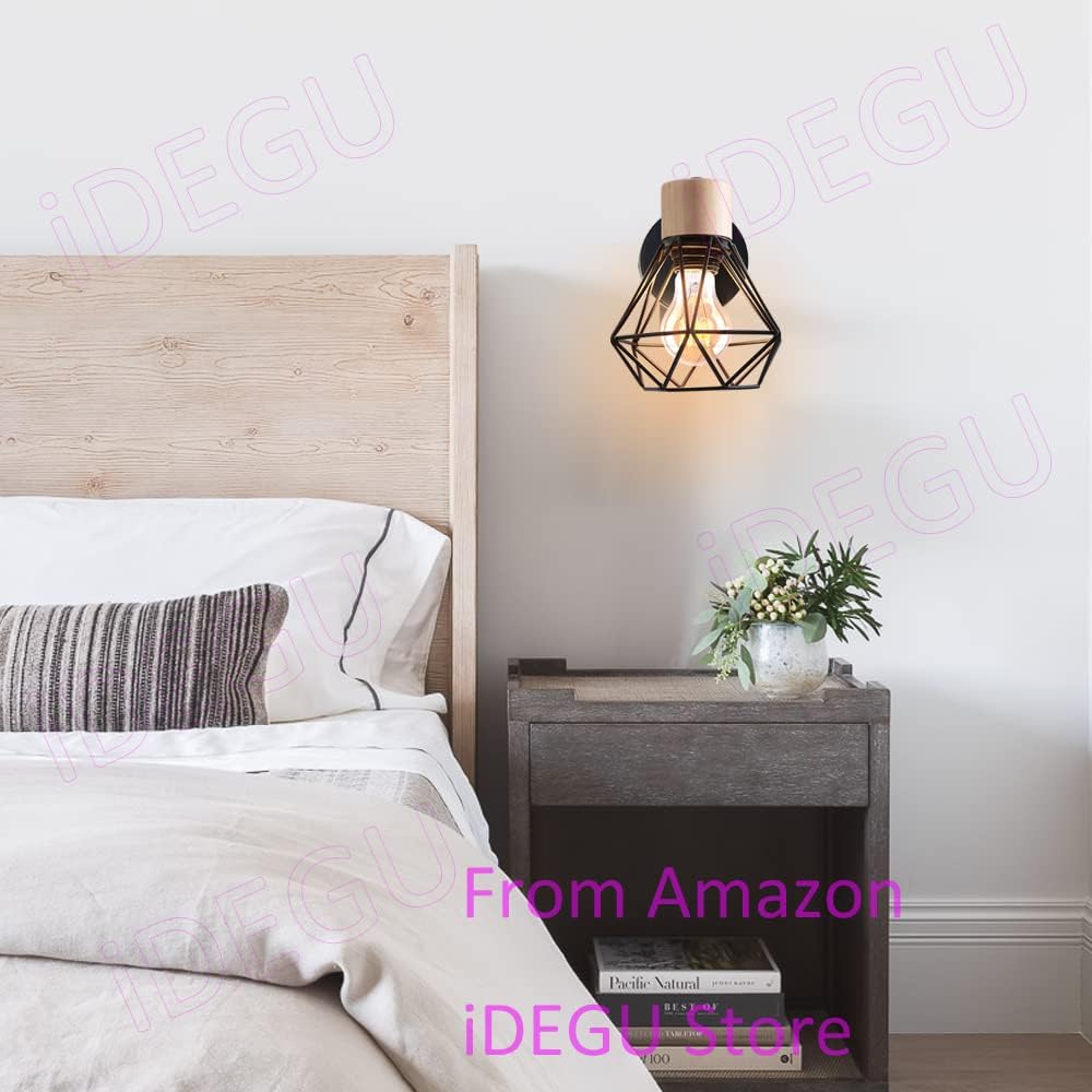 2PC Lámparas de Pared Vintage ¨C Aplique Interior de 15cm ¨C Diseño Industrial de Madera y Metal ¨C Estilo Jaula ¨C Luz Retro Ajustable