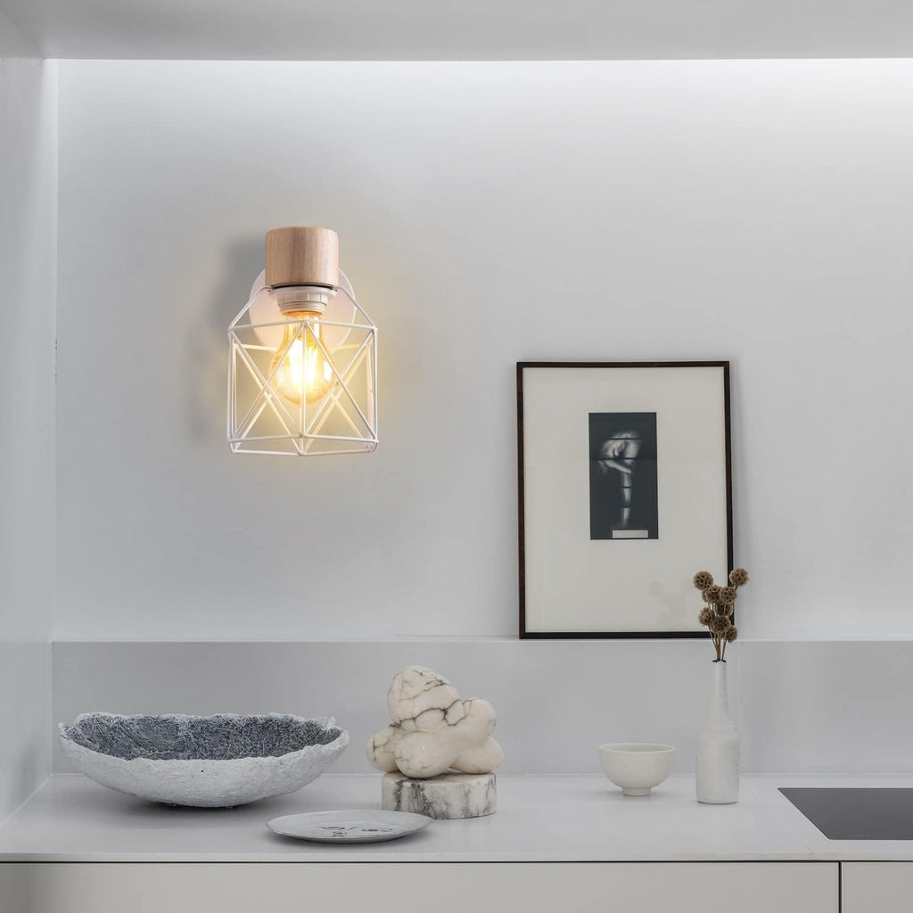 2PC Lámparas de Pared Vintage ¨C Aplique Interior de 15cm ¨C Diseño Industrial de Madera y Metal ¨C Estilo Jaula ¨C Luz Retro Ajustable