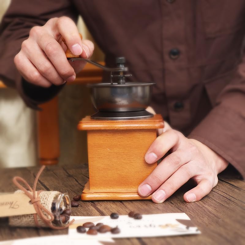 Manual Coffee Grinder, Coffee Bean Grinder, Retro Style, Cast Iron, Wooden Crank, 17.5x10.5x10.5 cm