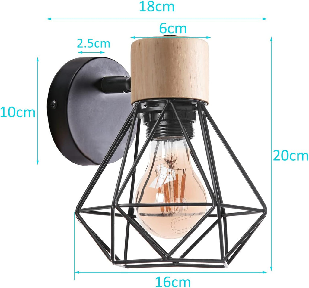 2PC Lámparas de Pared Vintage ¨C Aplique Interior de 15cm ¨C Diseño Industrial de Madera y Metal ¨C Estilo Jaula ¨C Luz Retro Ajustable