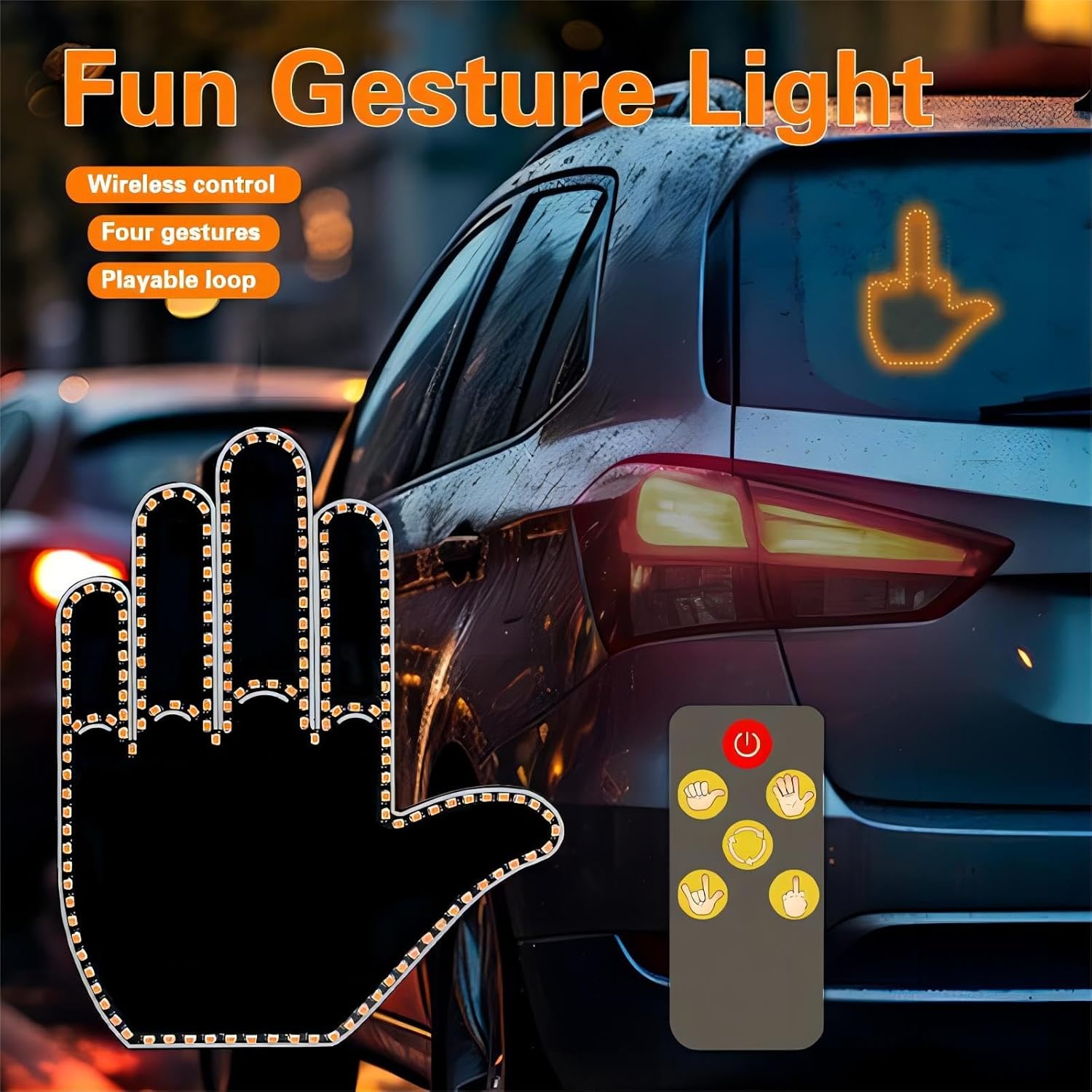 Fun LED light for the rear car window, featuring a remote-controlled LED finger gesture light.