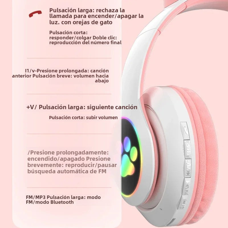 Casque Bluetooth 5.0 à oreilles de chat avec lumière flash, prise en charge de la carte TF et micro intégré, cadeau d'anniversaire pour enfants filles
