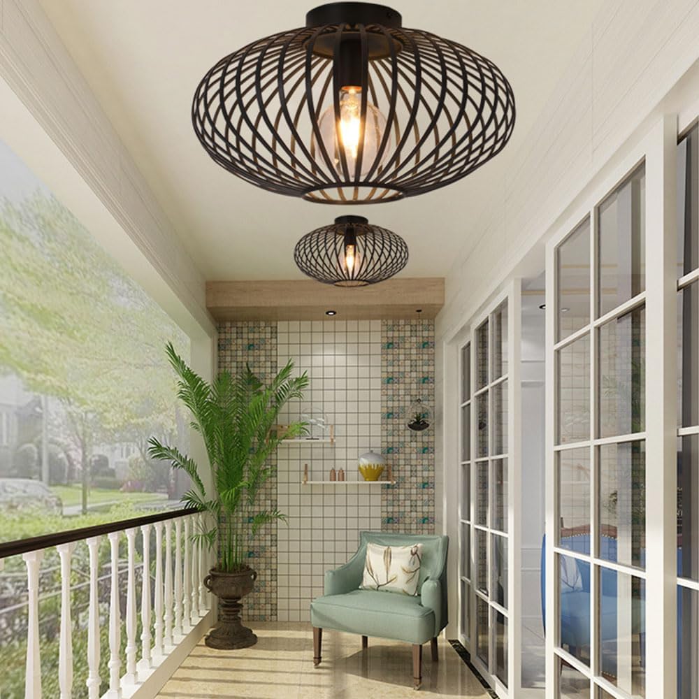 Vintage Industrial Metal Ceiling Light ¨C E27 Cage Lamp for Bedroom, Living Room, Caf¨¦, Entryway, Hallway ¨C 38cm, Black