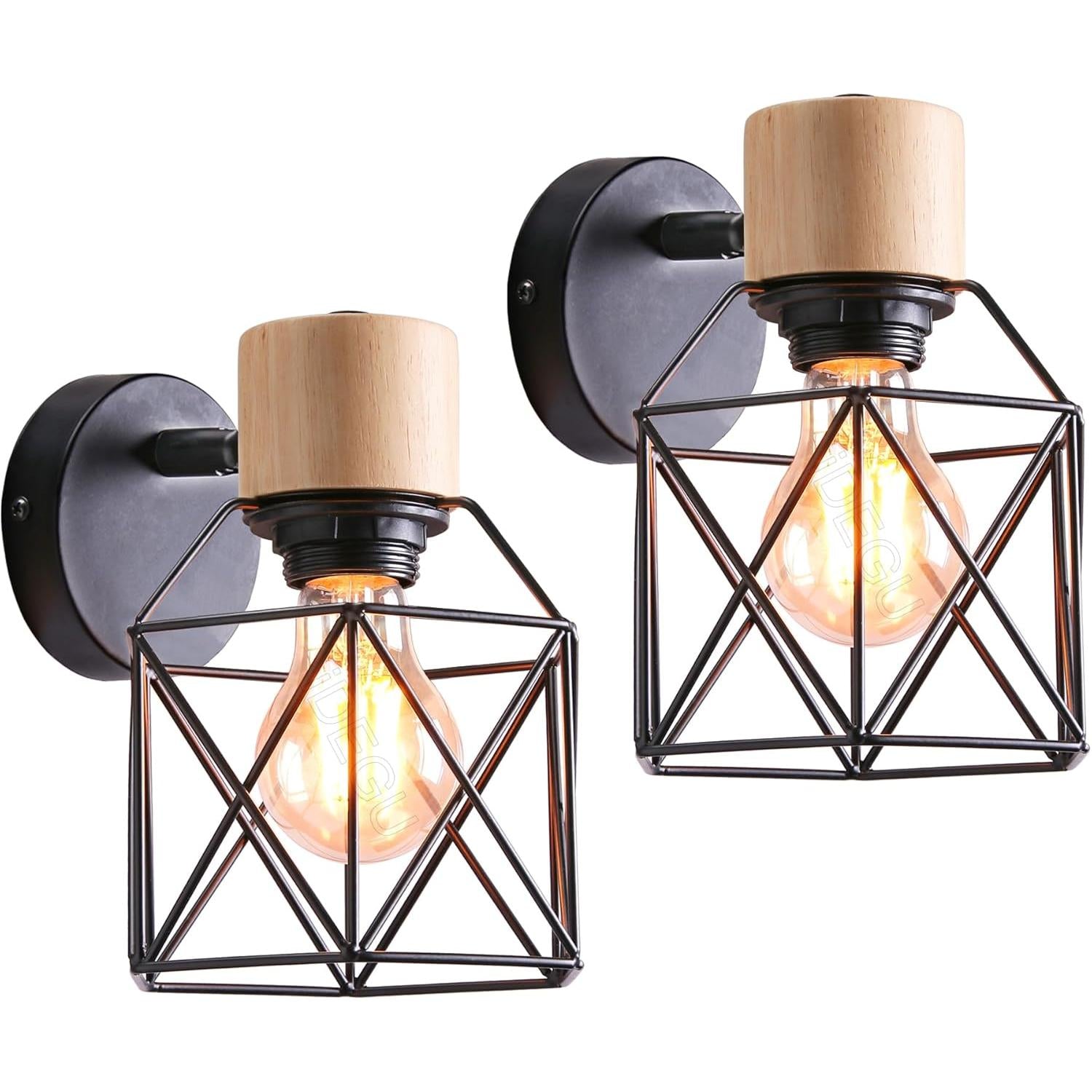 2PC Vintage Wall Lamps ¨C 15cm Indoor Sconce ¨C Wood & Metal Industrial Design ¨C Cage Style ¨C Adjustable Retro Light