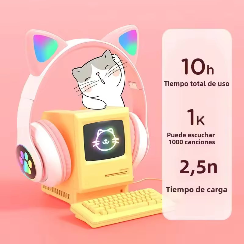 Casque Bluetooth 5.0 à oreilles de chat avec lumière flash, prise en charge de la carte TF et micro intégré, cadeau d'anniversaire pour enfants filles