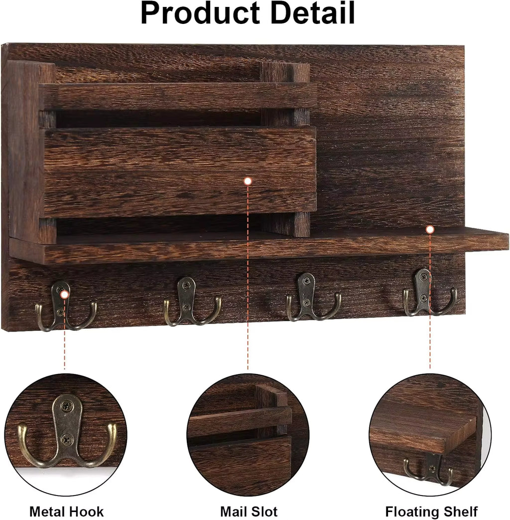 Decorative Wall Key Holder, Rustic Mail Organizer, Wooden Letter Organizer with Key Hooks