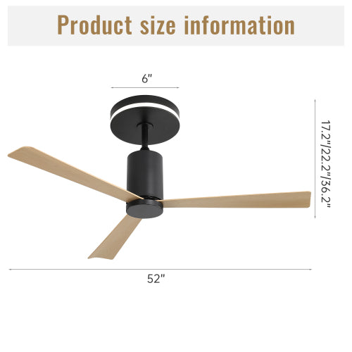 52-inch Recessed Ceiling Fan with LED Light and Remote Control, 3 ABS Blades for Patio and Living Room