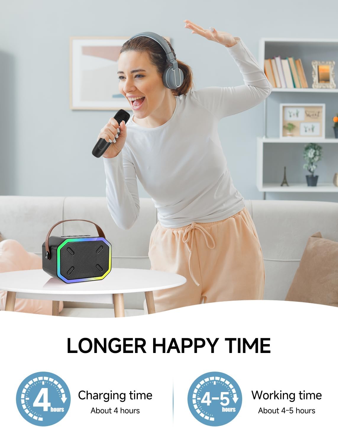 Karaoke-maskine til børn og voksne, bærbar mini Bluetooth-højttaler med 2 trådløse mikrofoner og LED-lys til TV