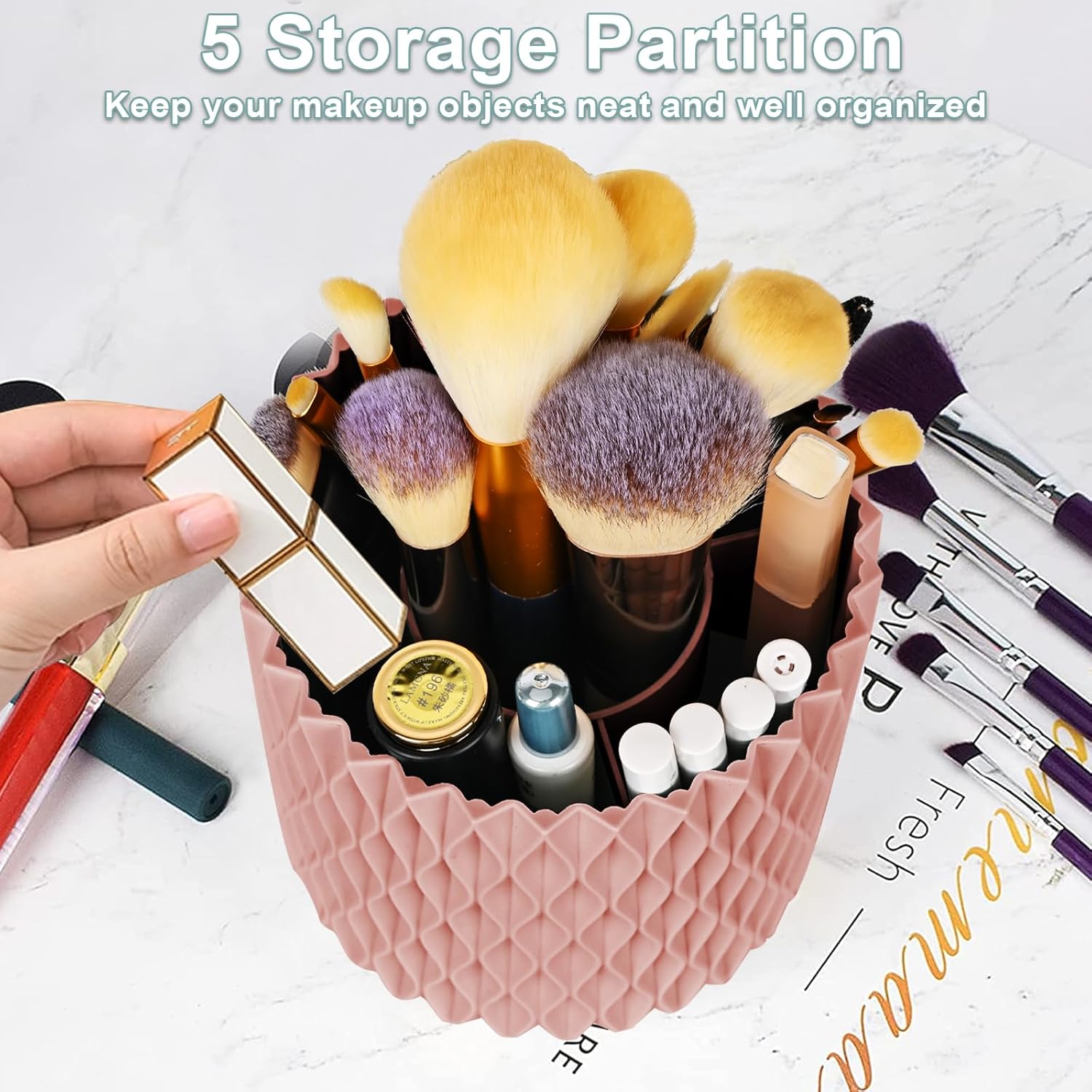Makeup Organizer, Børsteholder, 360-graders Roterende Kosmetik Organizer, Opbevaringsboks med Stor Kapacitet til Makeupbord, Skrivebord eller Badeværelsesbordplade