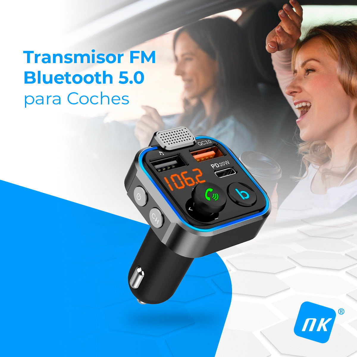 Bluetooth 5.0 FM Transmitter for Cars - 3 Charging Ports: x 2 USB QC3.0 + x1 PD 3.0 Type C 20W, Hands-Free Function, Noise Cancellation, Fast Charging, Button B: Hi-Fi Deep Bass (Speaker)
