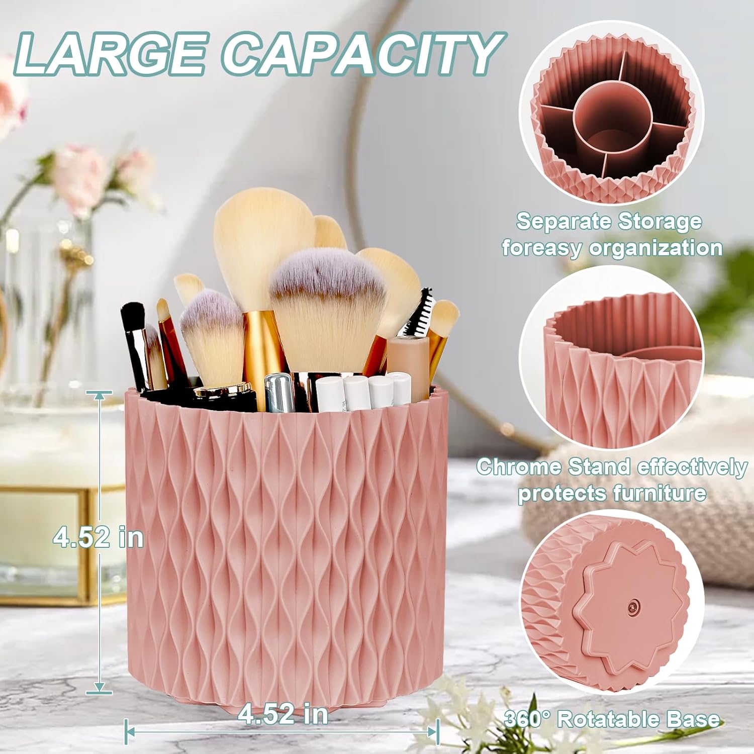 Makeup Organizer, Børsteholder, 360-graders Roterende Kosmetik Organizer, Opbevaringsboks med Stor Kapacitet til Makeupbord, Skrivebord eller Badeværelsesbordplade
