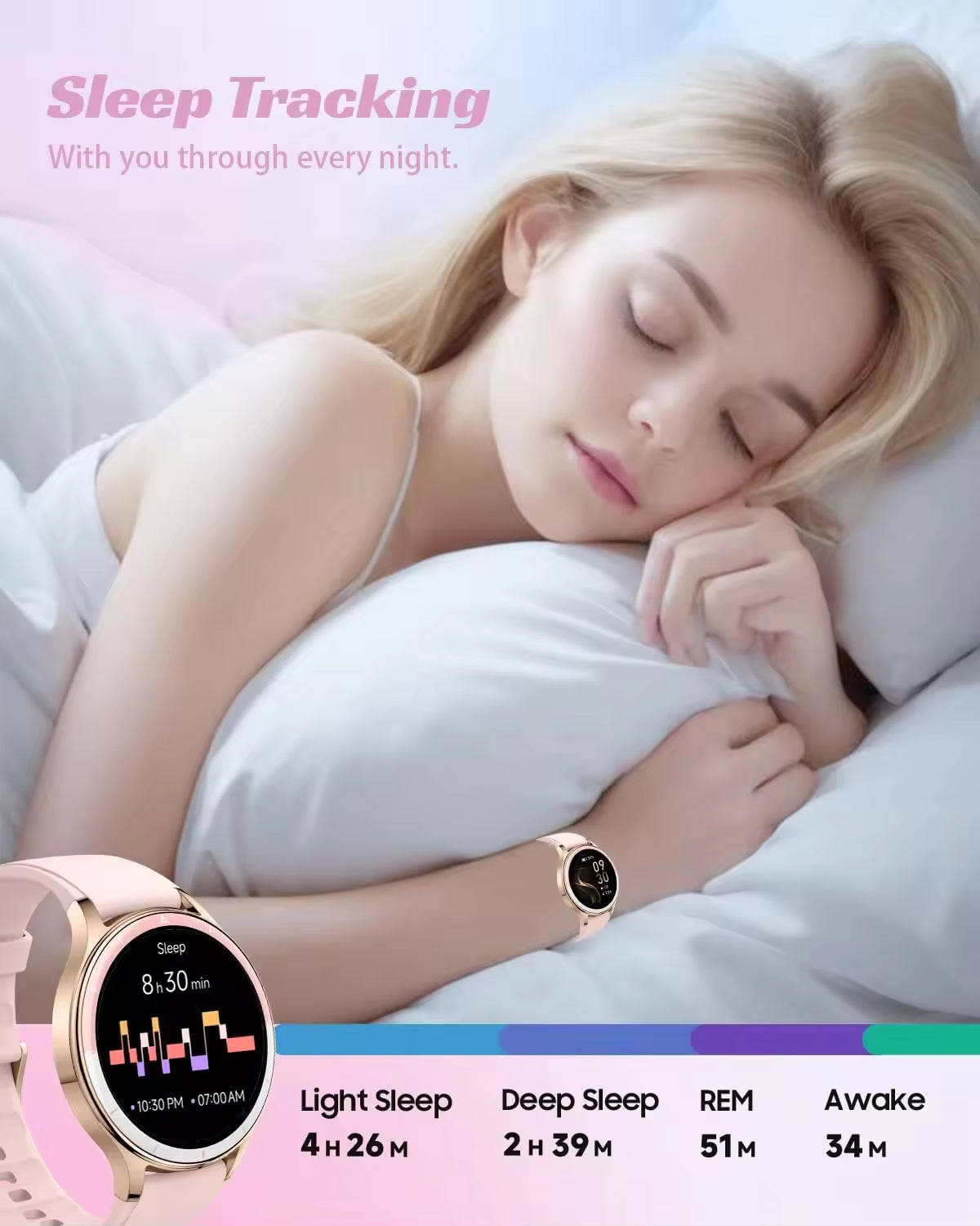 Dame-smartwatch, kompatibelt med Android- og iOS-telefoner, med mulighed for at besvare og foretage opkald, fitnesstracker, puls- og søvnmonitor, understøttelse af 100 sportsaktiviteter og IP68 vandtæthed.