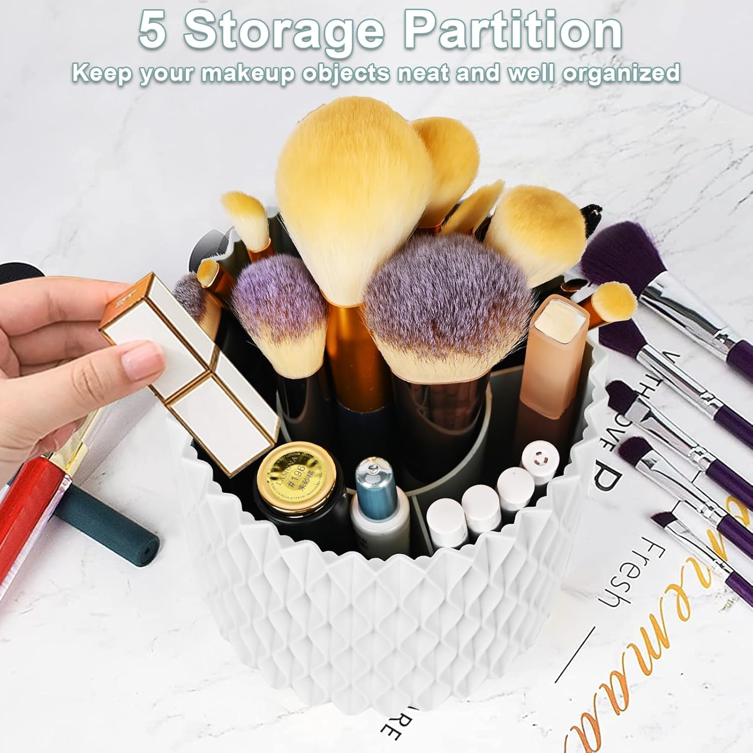 Makeup Organizer, Børsteholder, 360-graders Roterende Kosmetik Organizer, Opbevaringsboks med Stor Kapacitet til Makeupbord, Skrivebord eller Badeværelsesbordplade