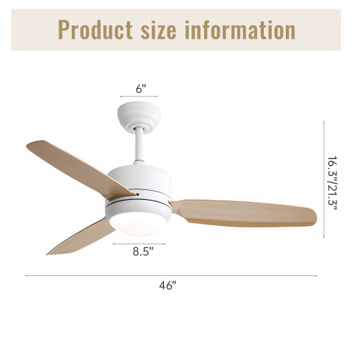 Ventilateur de plafond 117 cm blanc et bois clair avec lumière LED – Pales ABS, moteur DC silencieux, éclairage 3 couleurs dimmable, télécommande.