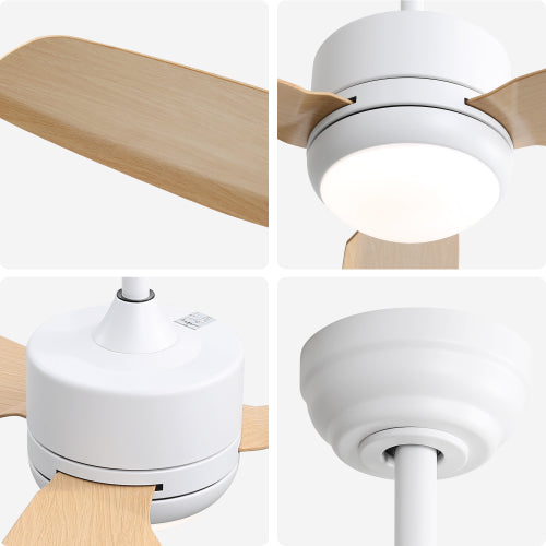 Ventilateur de plafond 117 cm blanc et bois clair avec lumière LED – Pales ABS, moteur DC silencieux, éclairage 3 couleurs dimmable, télécommande.