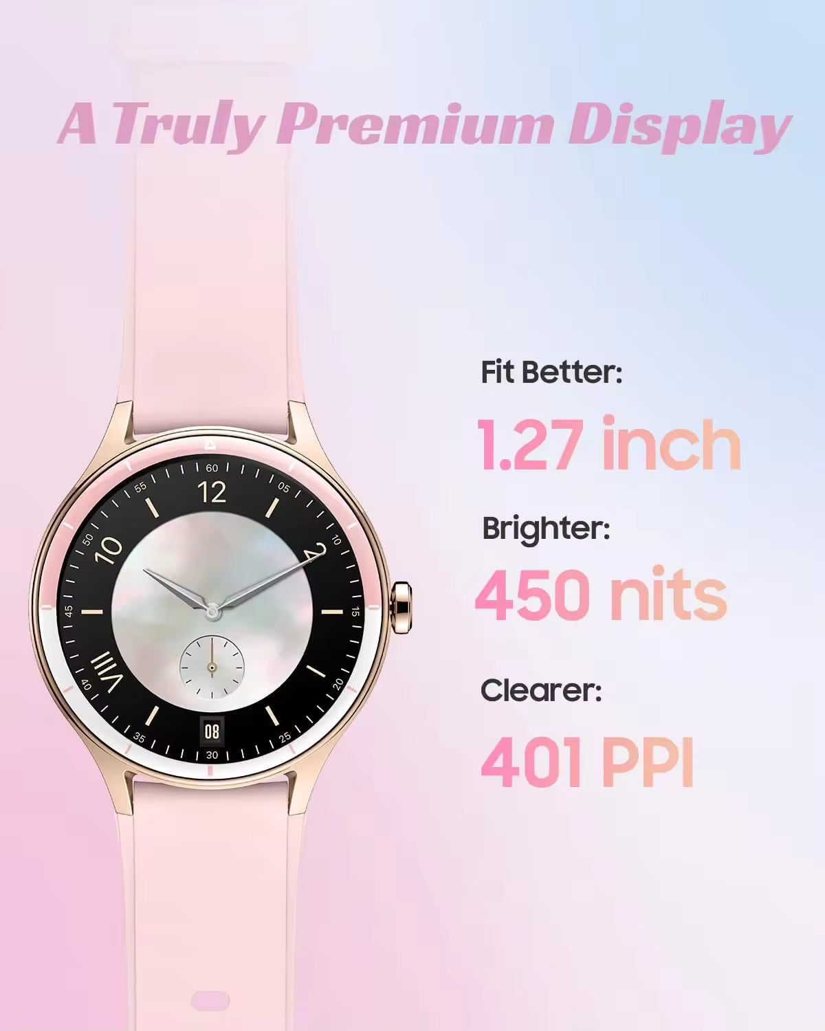 Dame-smartwatch, kompatibelt med Android- og iOS-telefoner, med mulighed for at besvare og foretage opkald, fitnesstracker, puls- og søvnmonitor, understøttelse af 100 sportsaktiviteter og IP68 vandtæthed.