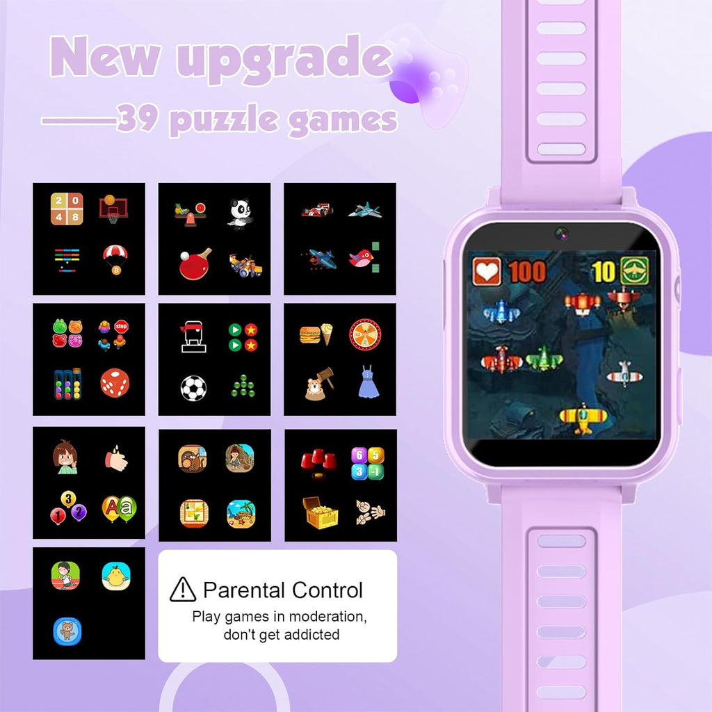 Montre Intelligente pour Enfants avec 39 Jeux Éducatifs, Caméra HD, Suivi des Habitudes, Musique, Alarme, Calculatrice, Calendrier, Lampe de Poche – Pour les 3-12 Ans (Sans Fonction d'Appel)