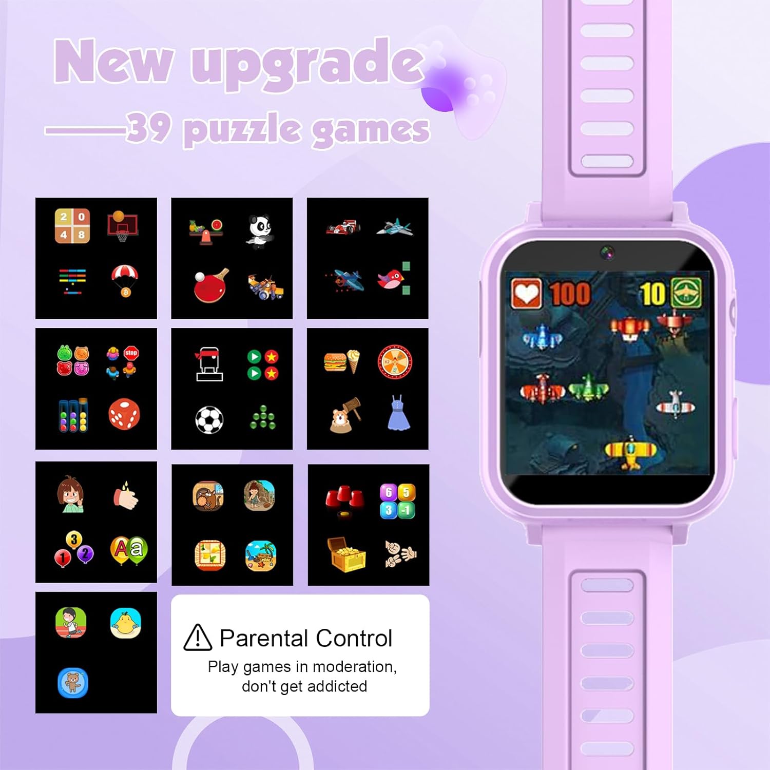 Montre Intelligente pour Enfants avec 39 Jeux Éducatifs, Caméra HD, Suivi des Habitudes, Musique, Alarme, Calculatrice, Calendrier, Lampe de Poche – Pour les 3-12 Ans (Sans Fonction d'Appel)