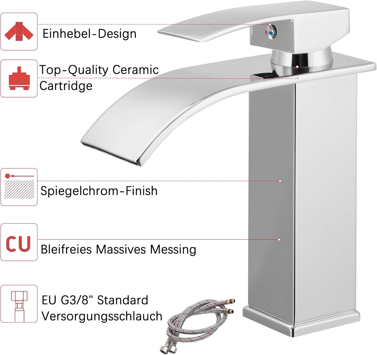 Waterfall Basin Faucet, Bathroom Basin Mixer Tap, 304 Stainless Steel Bathroom Basin Mixer Tap