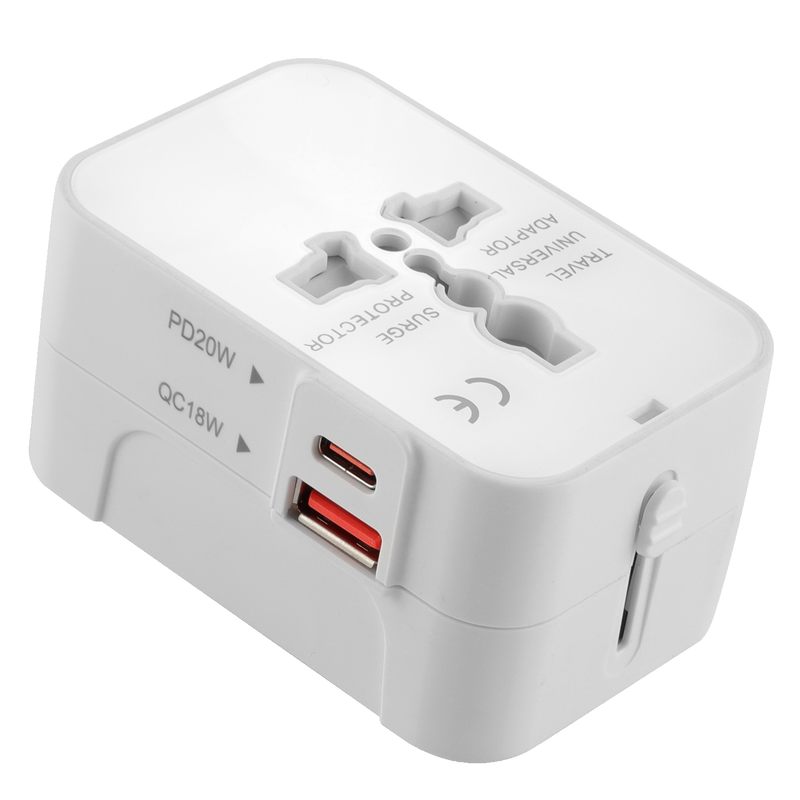 Reseadapter, allt-i-ett universaladapter för användning över hela världen, AC-väggkontakt, väggladdare med två USB-portar (1 USB-C) för USA, EU, Storbritannien, Australien – kompatibel med mobiltelefoner och bärbara datorer.
