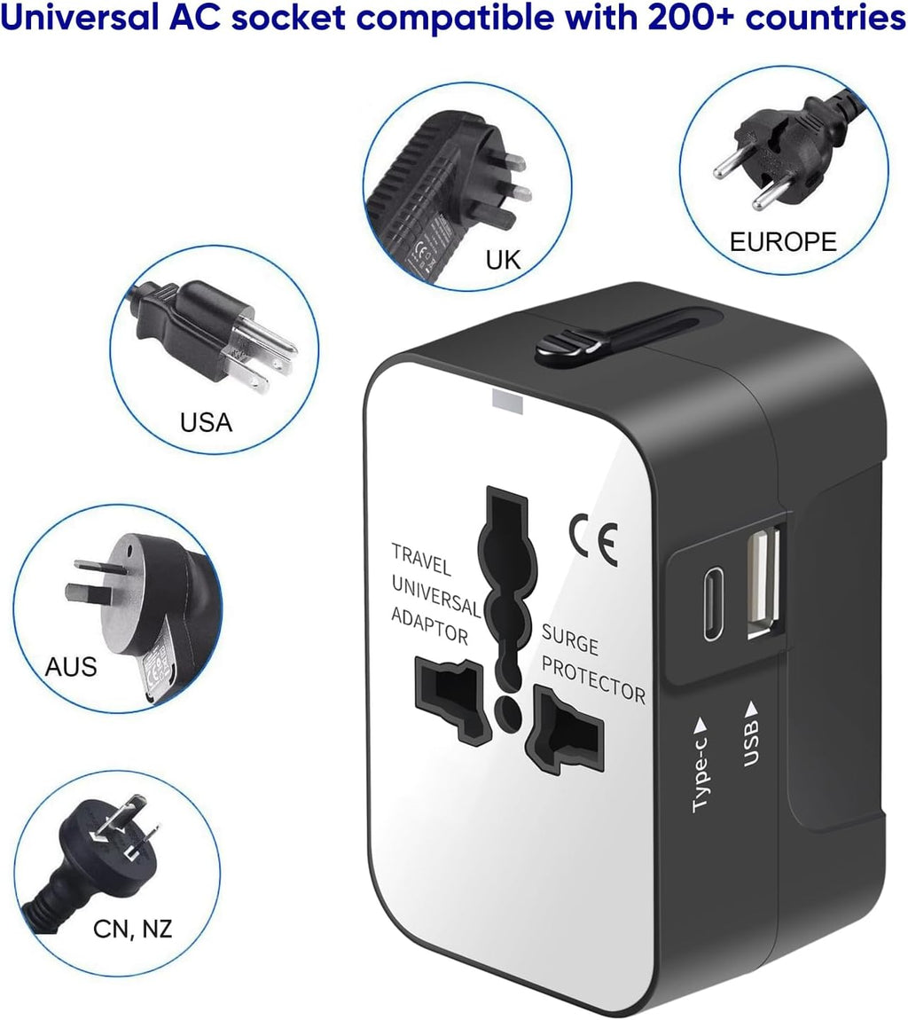 Rejseadapter, Alt-i-Én Universaladapter til Verdensomspændende Brug, AC-vægstik, Vægoplader med To USB-porte (1 USB-C) til USA, EU, Storbritannien, Australien – Kompatibel med Mobiltelefoner og Laptops.