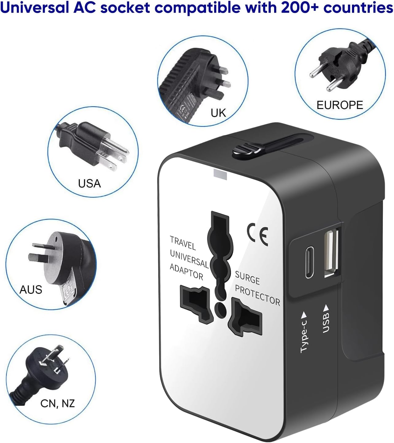 Rejseadapter, Alt-i-Én Universaladapter til Verdensomspændende Brug, AC-vægstik, Vægoplader med To USB-porte (1 USB-C) til USA, EU, Storbritannien, Australien – Kompatibel med Mobiltelefoner og Laptops.