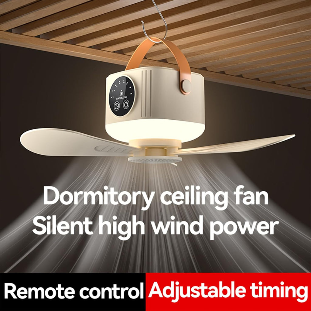 Ventilateur de plafond télécommandé rechargeable par USB avec batterie 7200mAh et lumière suspendue pour chambres et camping.