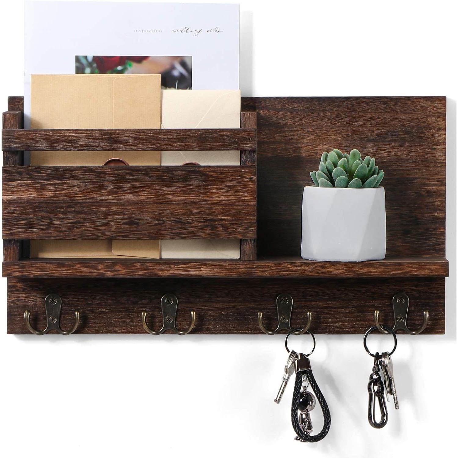 Decorative Wall Key Holder, Rustic Mail Organizer, Wooden Letter Organizer with Key Hooks